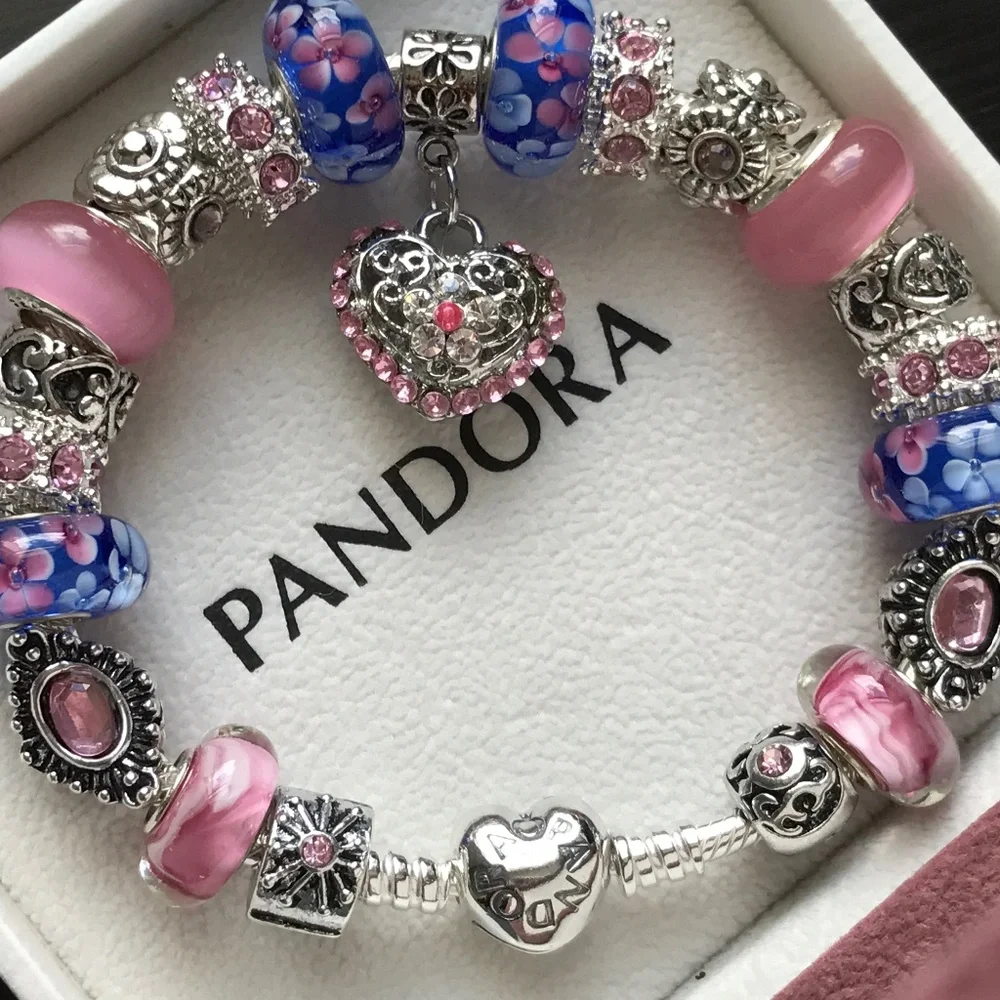 Authentic PANDORA Heart Clasp S925 Silver Bracelet with Murano Glass Beads 7.9" - Picture 9 of 16